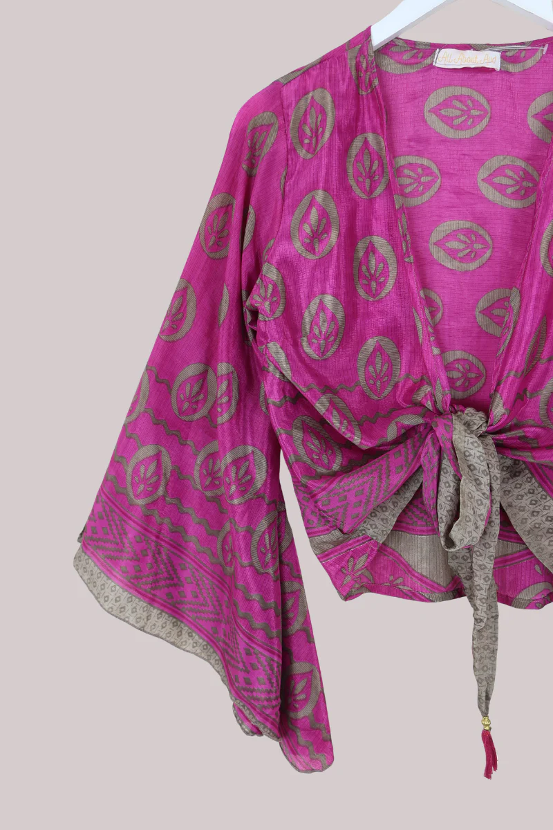 Gemini Recycled Sari Wrap Top in Flamingo Pink Lotus - Size M - Image 2