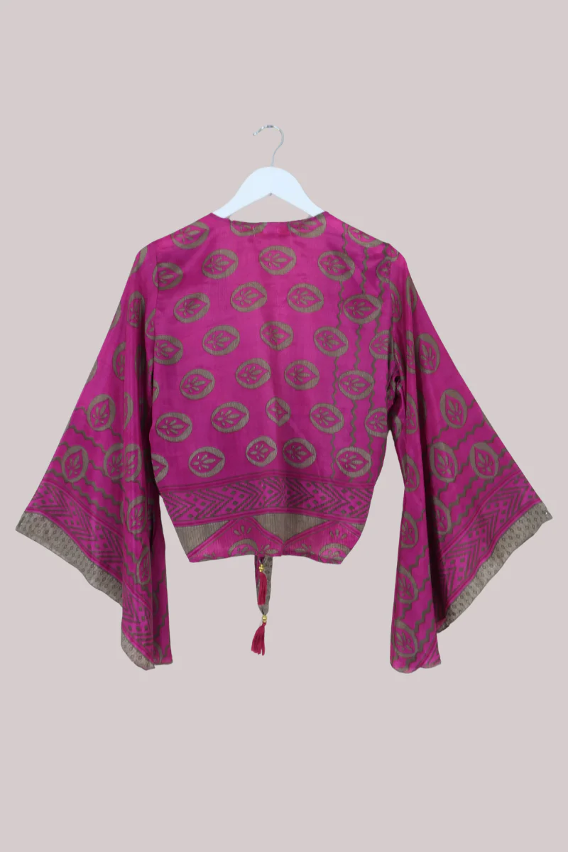 Gemini Recycled Sari Wrap Top in Flamingo Pink Lotus - Size M - Image 3