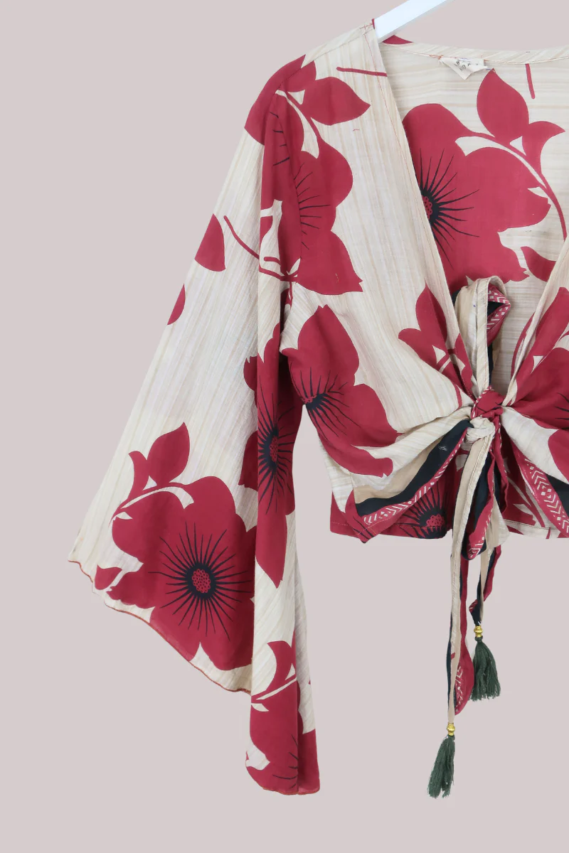Gemini Recycled Sari Wrap Top in Garden Of Poppies - Size M/L - Image 2