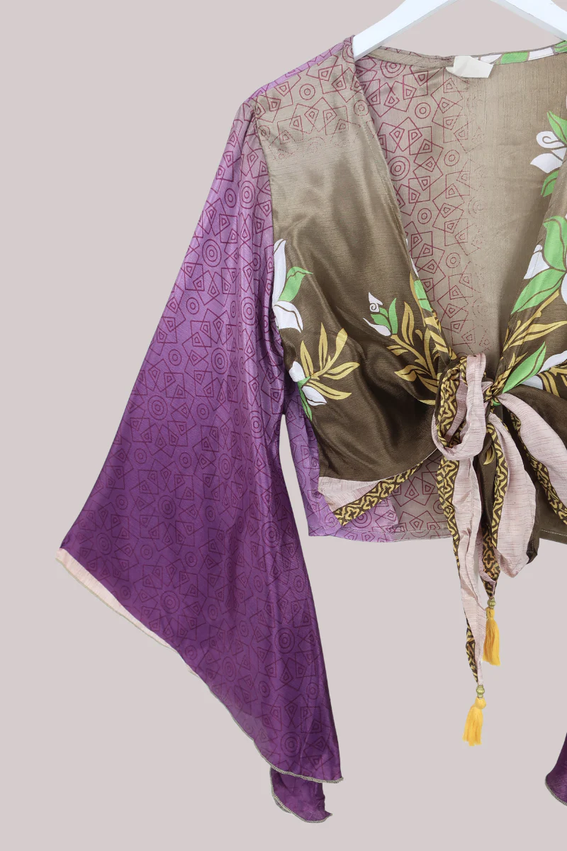 Gemini Recycled Sari Wrap Top in Hibiscus Purple & Cedar - Size L - Image 2