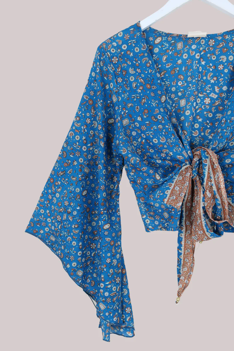 Gemini Recycled Sari Wrap Top in Ocean Teal & Tan Florals - Size L - Image 2