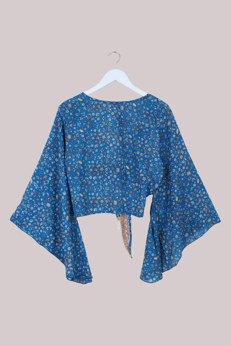 Gemini Recycled Sari Wrap Top in Ocean Teal & Tan Florals - Size L - Image 3