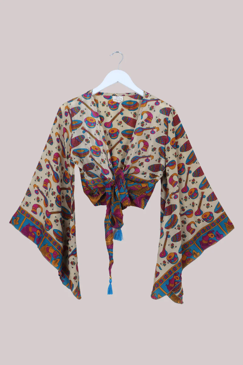 Gemini Recycled Sari Wrap Top in Peacock Festival - Size S/M