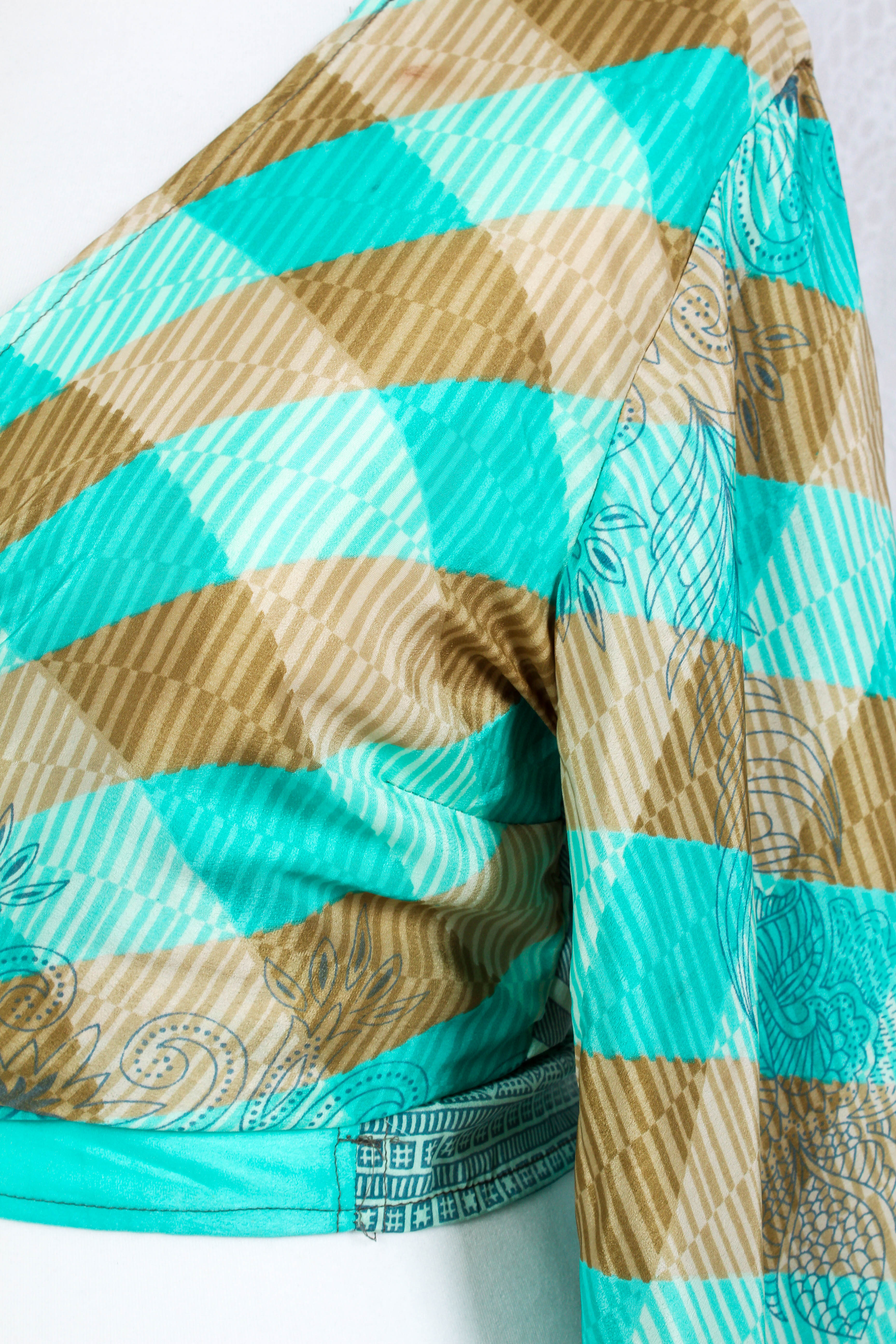 Gemini Wrap Top - Vintage Indian Sari - Gold & Aqua Blue - Free Size - Image 3