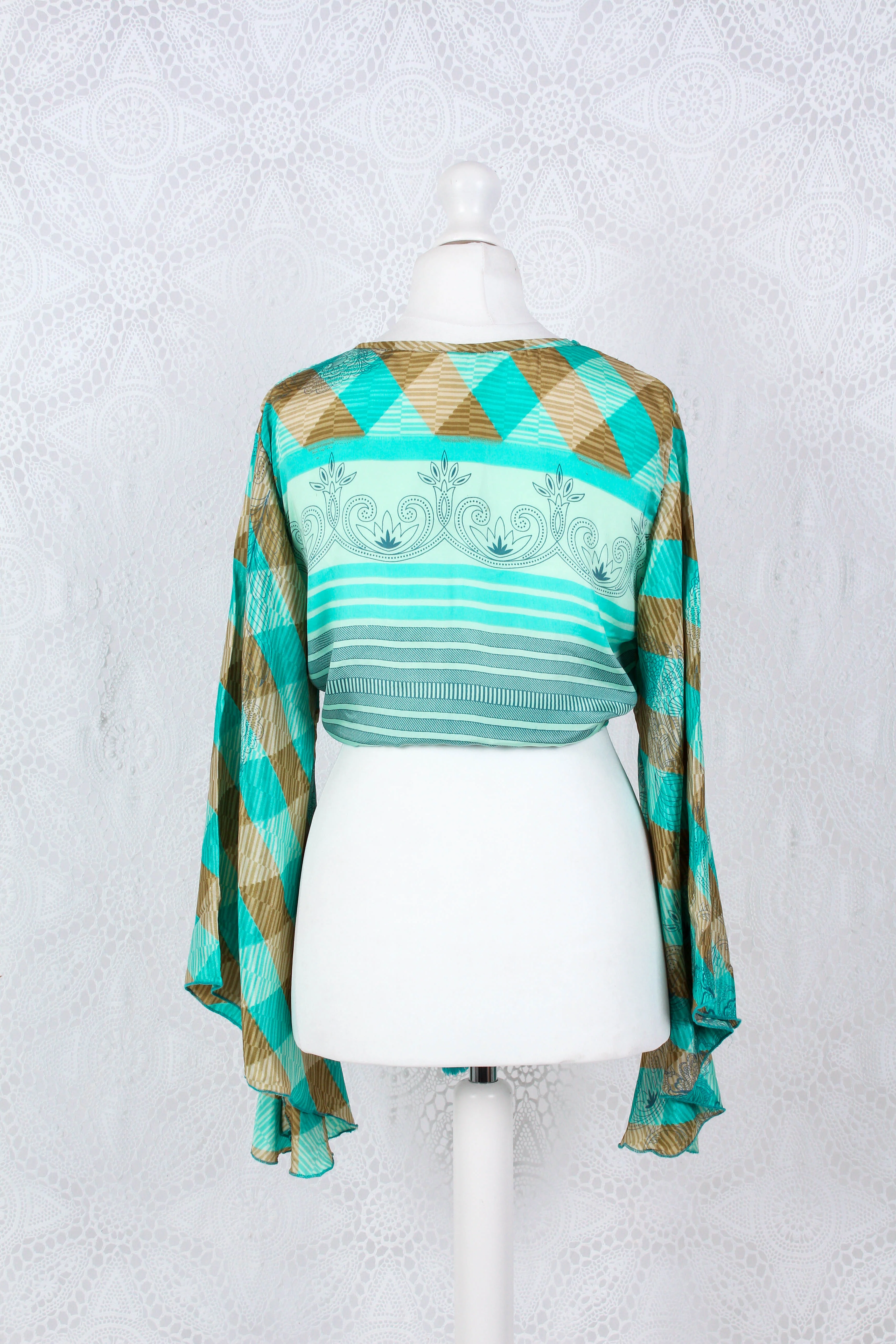 Gemini Wrap Top - Vintage Indian Sari - Gold & Aqua Blue - Free Size - Image 4