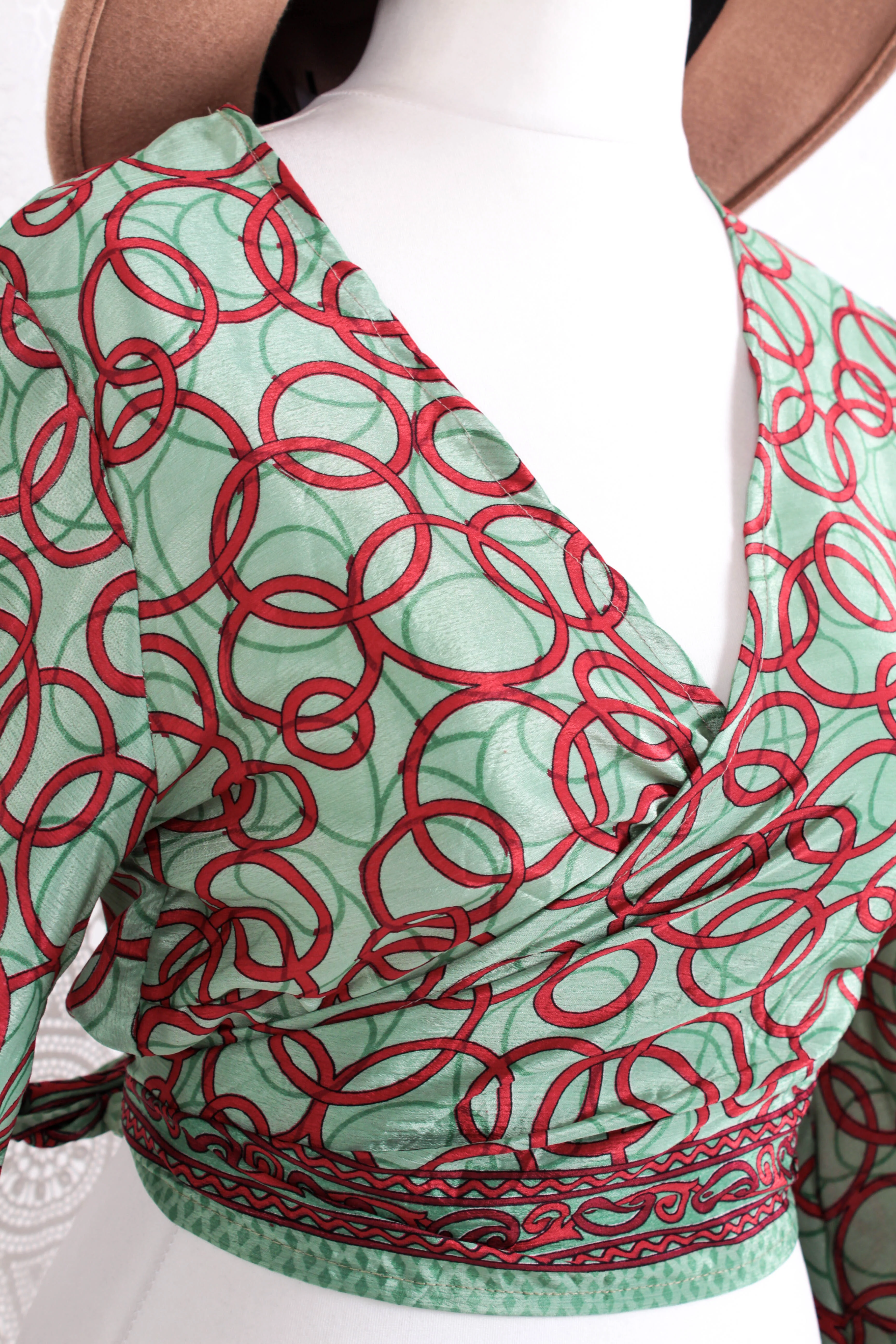 Gemini Wrap Top - Vintage Indian Sari - Mint & Candy Apple Circles - S/M - Image 3