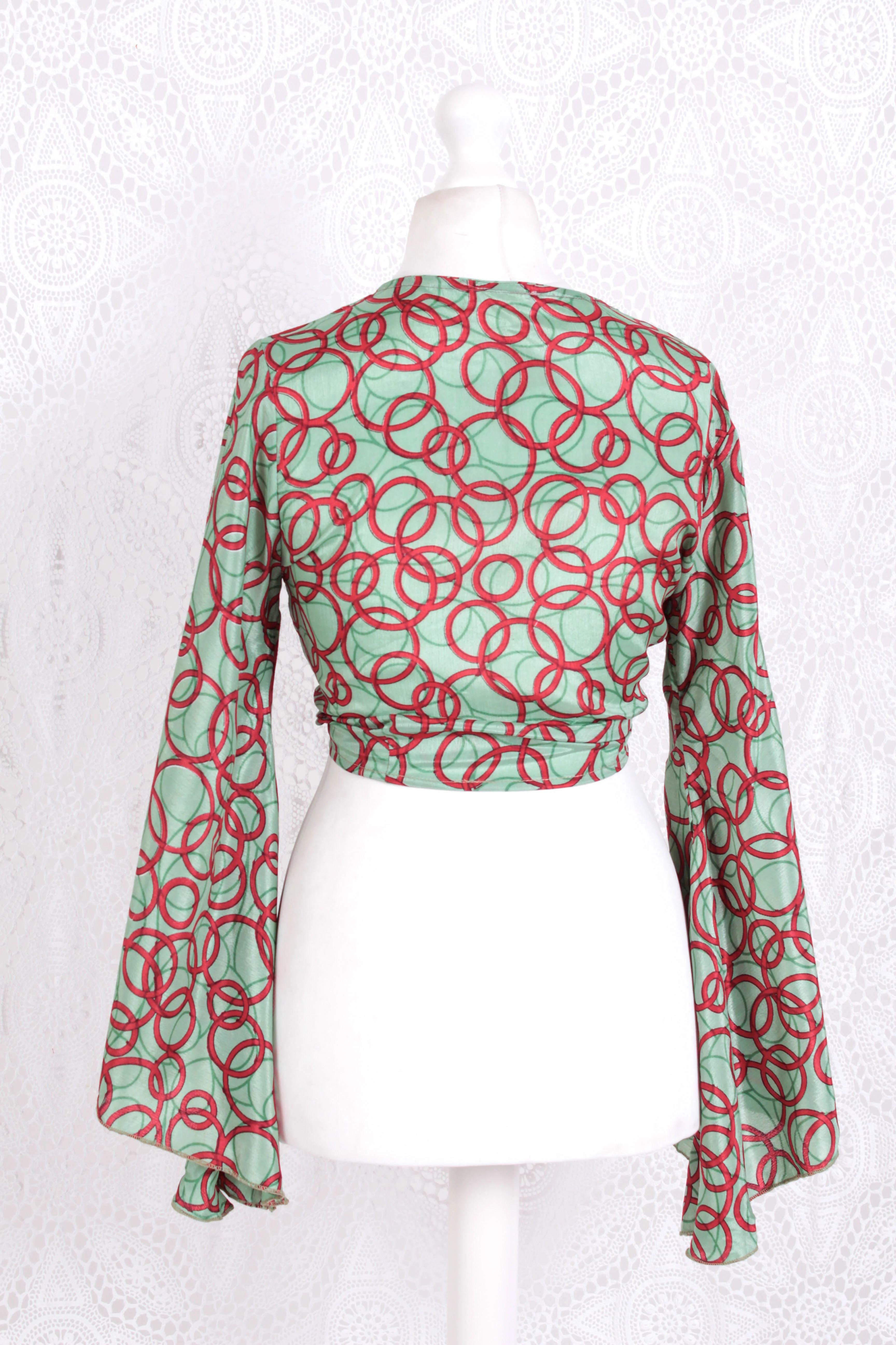 Gemini Wrap Top - Vintage Indian Sari - Mint & Candy Apple Circles - S/M - Image 4