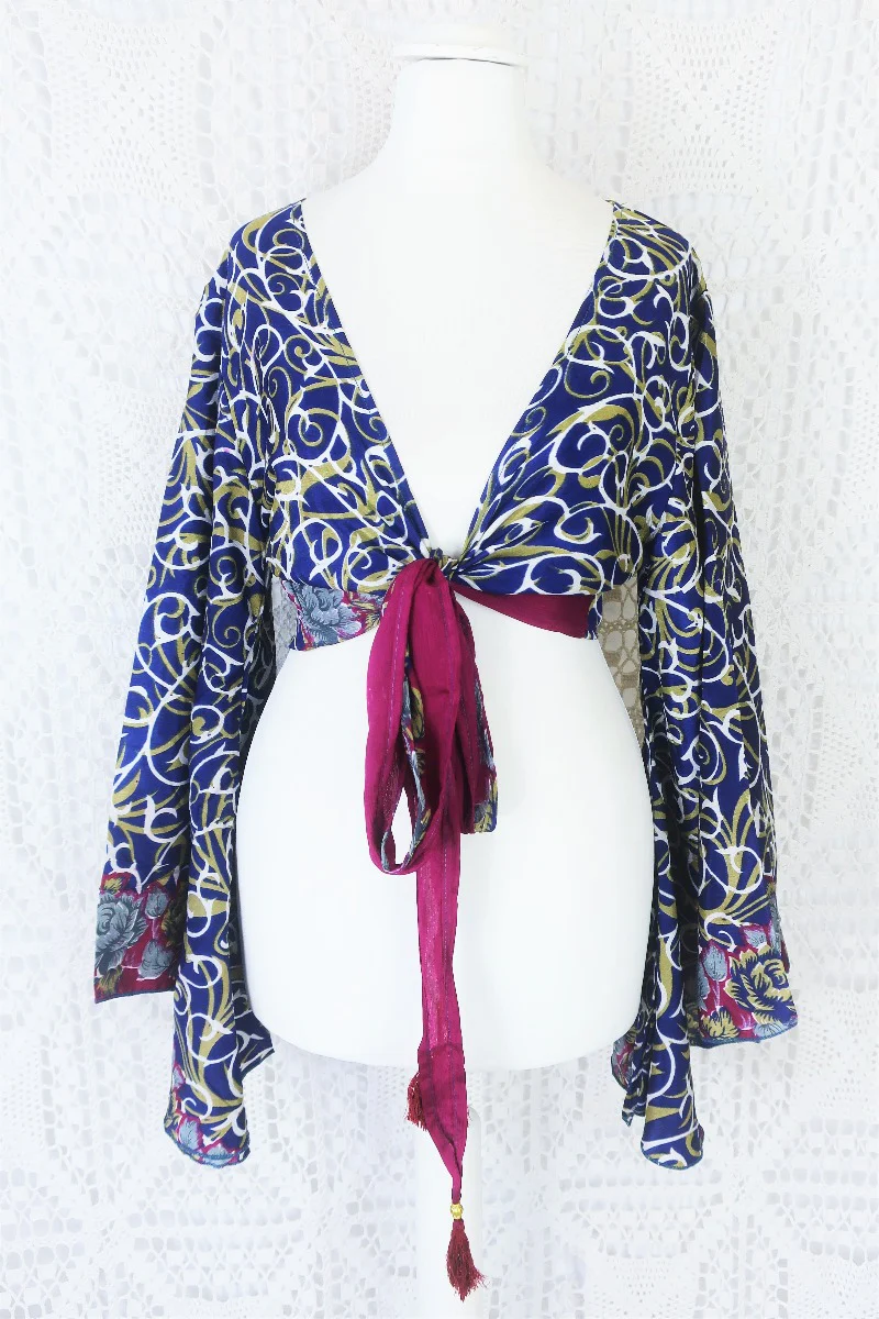 Gemini Wrap Top - Vintage Indian Sari - Navy & Olive Swirling Vines - S/M - Image 3
