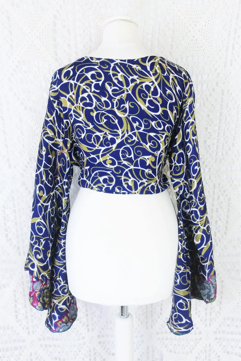 Gemini Wrap Top - Vintage Indian Sari - Navy & Olive Swirling Vines - S/M - Image 4