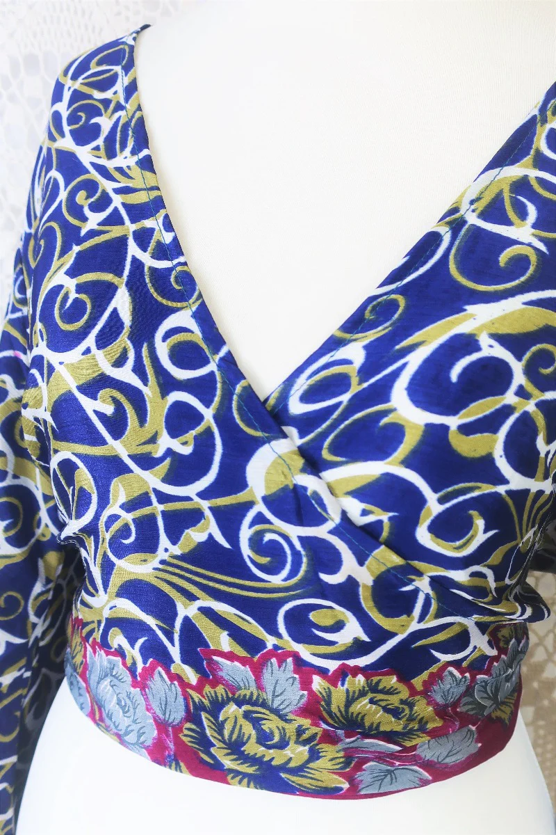 Gemini Wrap Top - Vintage Indian Sari - Navy & Olive Swirling Vines - S/M - Image 5