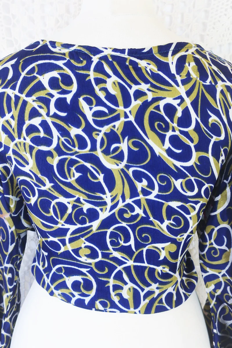 Gemini Wrap Top - Vintage Indian Sari - Navy & Olive Swirling Vines - S/M - Image 6