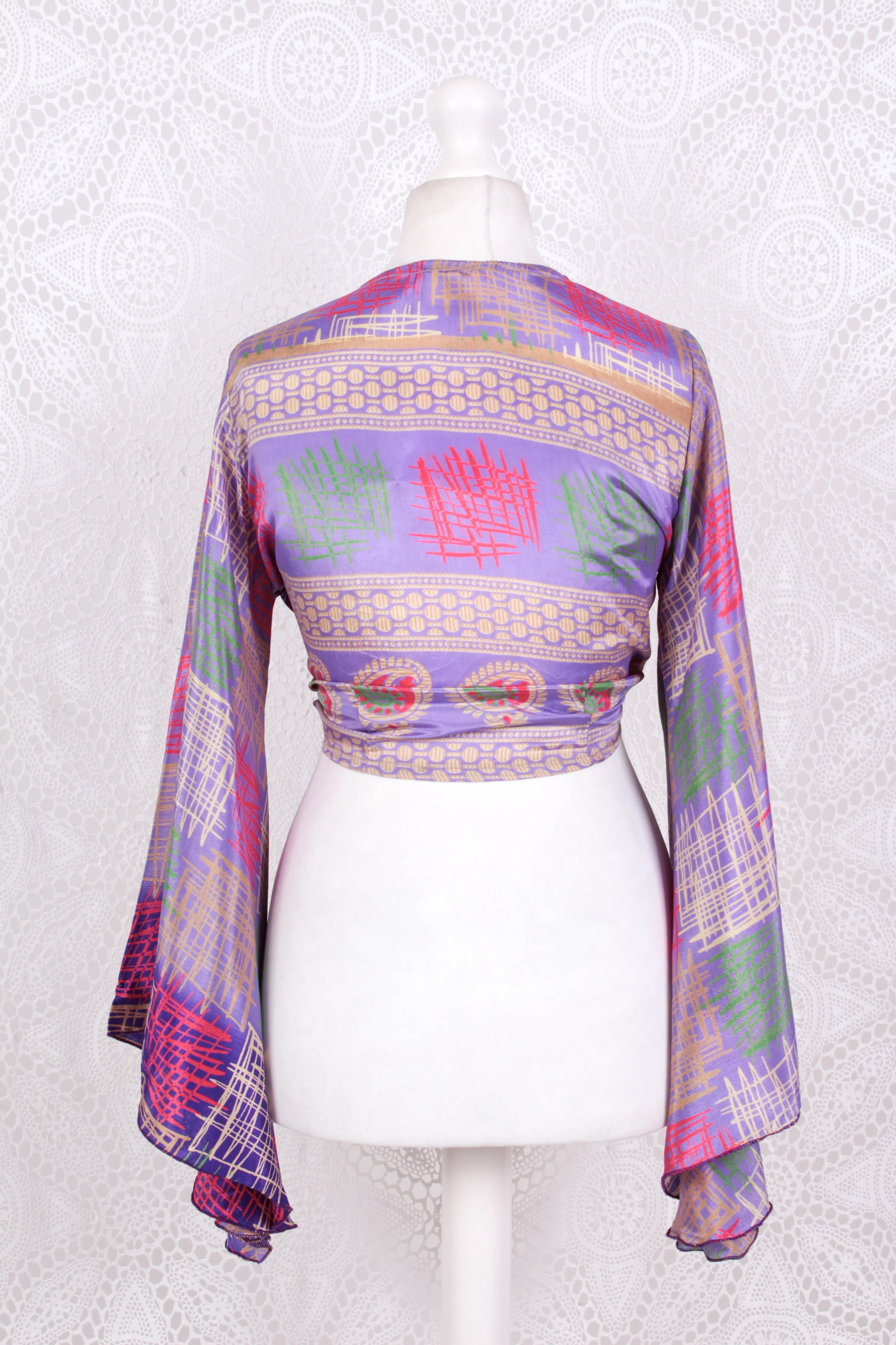 Gemini Wrap Top -  Vintage Sari - Lavender & Violet Graphic - S/M - Image 3