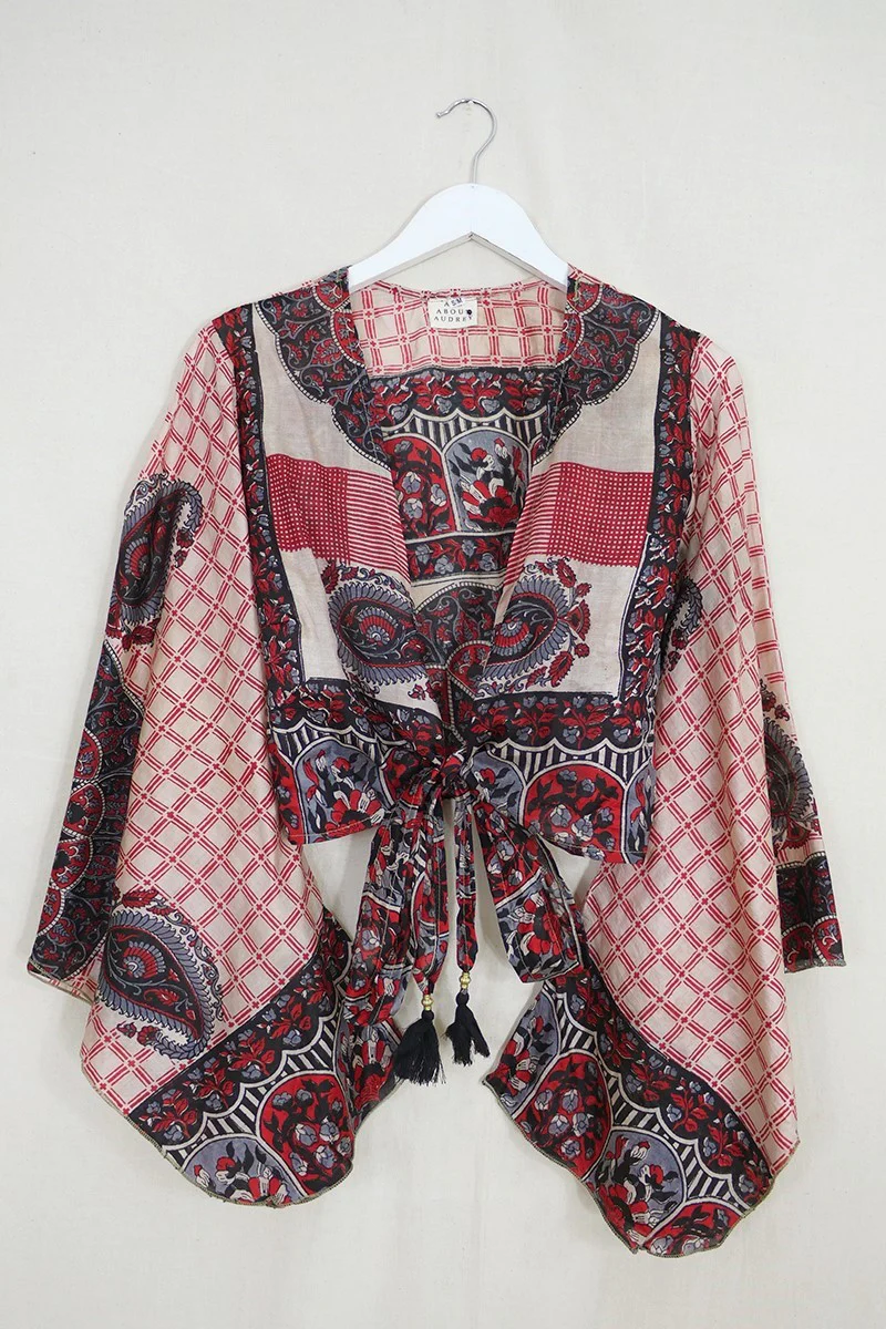 Gemini Wrap Top - Ruby Red & Black Garden Gates - Vintage Silk - Size S/M