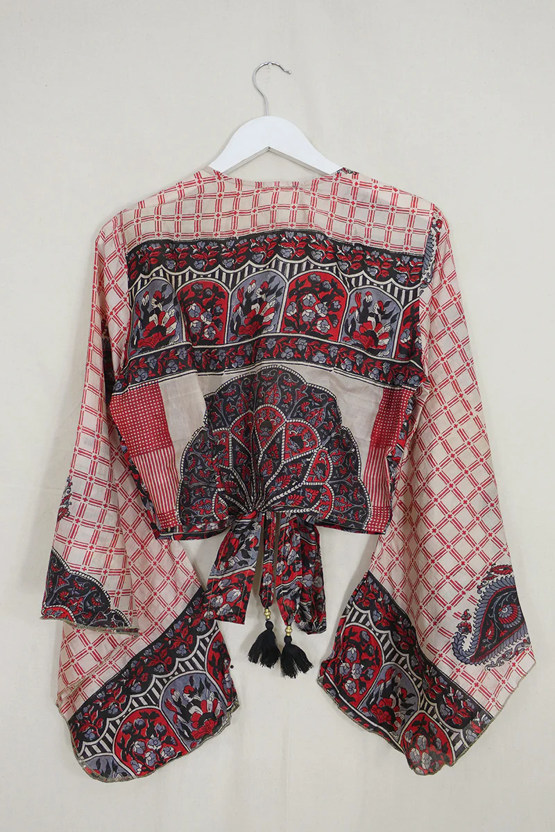 Gemini Wrap Top - Ruby Red & Black Garden Gates - Vintage Silk - Size S/M - Image 3