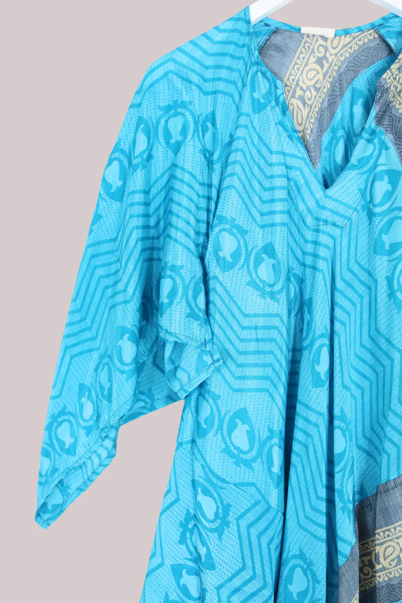 Goddess Vintage Sari Dress - Abstract Turquoise - Size L/XL - Image 2