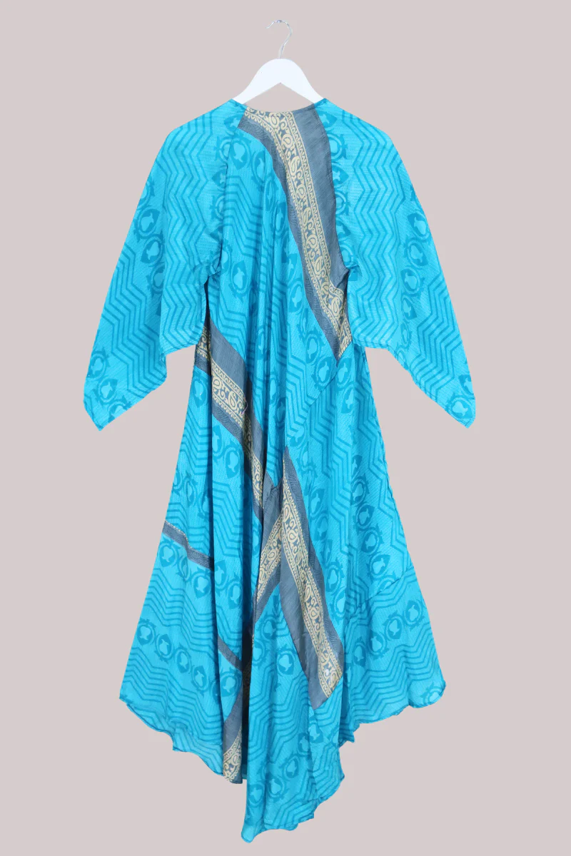 Goddess Vintage Sari Dress - Abstract Turquoise - Size L/XL - Image 3
