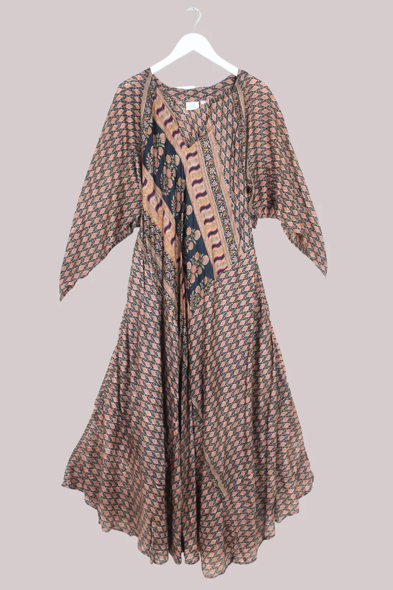 Goddess Pure Silk Dress - Black Floral Motif - Size M/L