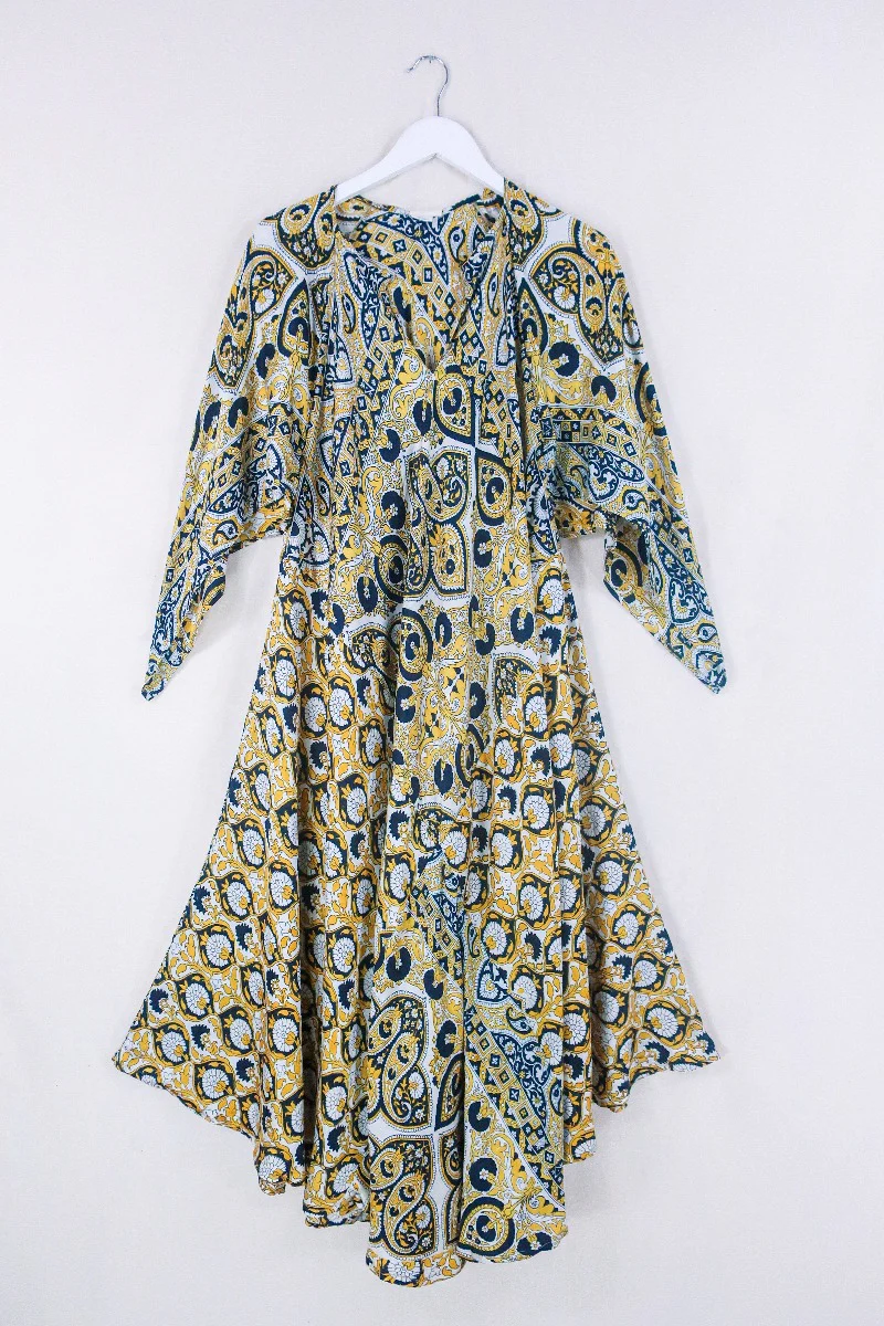 Goddess Dress - Black, White & Bright Yellow Paisley - Indian Pure Silk Sari - Free Size