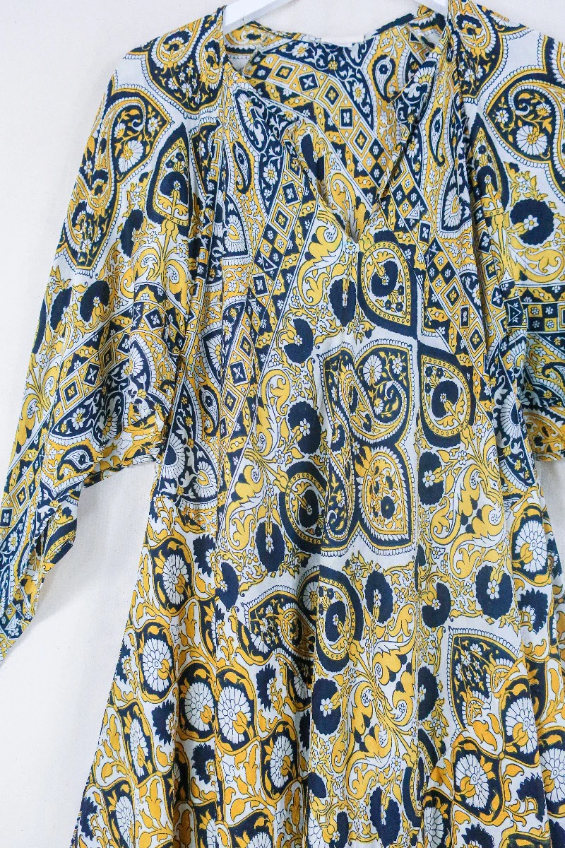 Goddess Dress - Black, White & Bright Yellow Paisley - Indian Pure Silk Sari - Free Size - Image 2