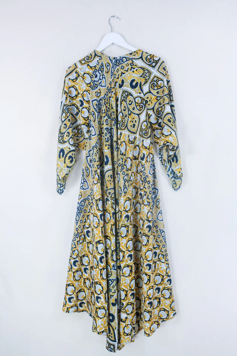 Goddess Dress - Black, White & Bright Yellow Paisley - Indian Pure Silk Sari - Free Size - Image 3
