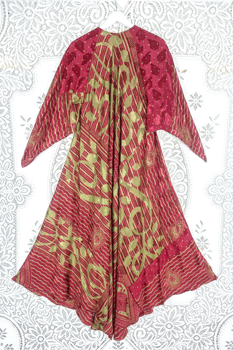 Goddess Dress - Cherry Red & Apple Paisley Jacquard - Vintage Sari - Size L - Image 3