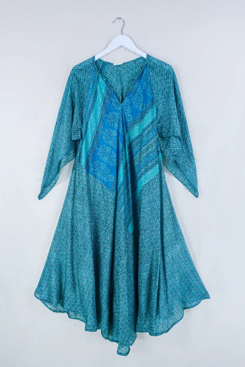 Goddess Dress - Deep Sea Blue Floral Block Print - Indian Pure Silk Sari - Free Size