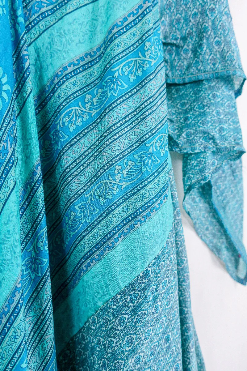 Goddess Dress - Deep Sea Blue Floral Block Print - Indian Pure Silk Sari - Free Size - Image 2