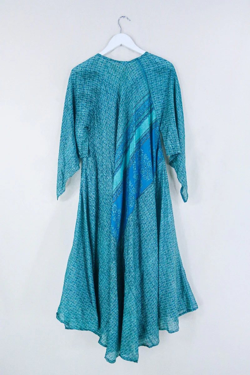 Goddess Dress - Deep Sea Blue Floral Block Print - Indian Pure Silk Sari - Free Size - Image 3