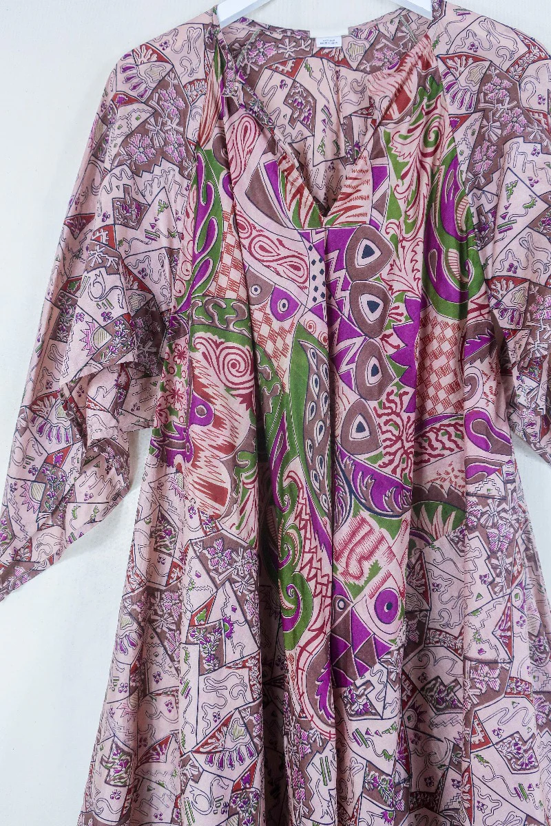 Goddess Dress - Dusky Peach Pink Vibrant Print - Indian Pure Silk Sari - Free Size - Image 2