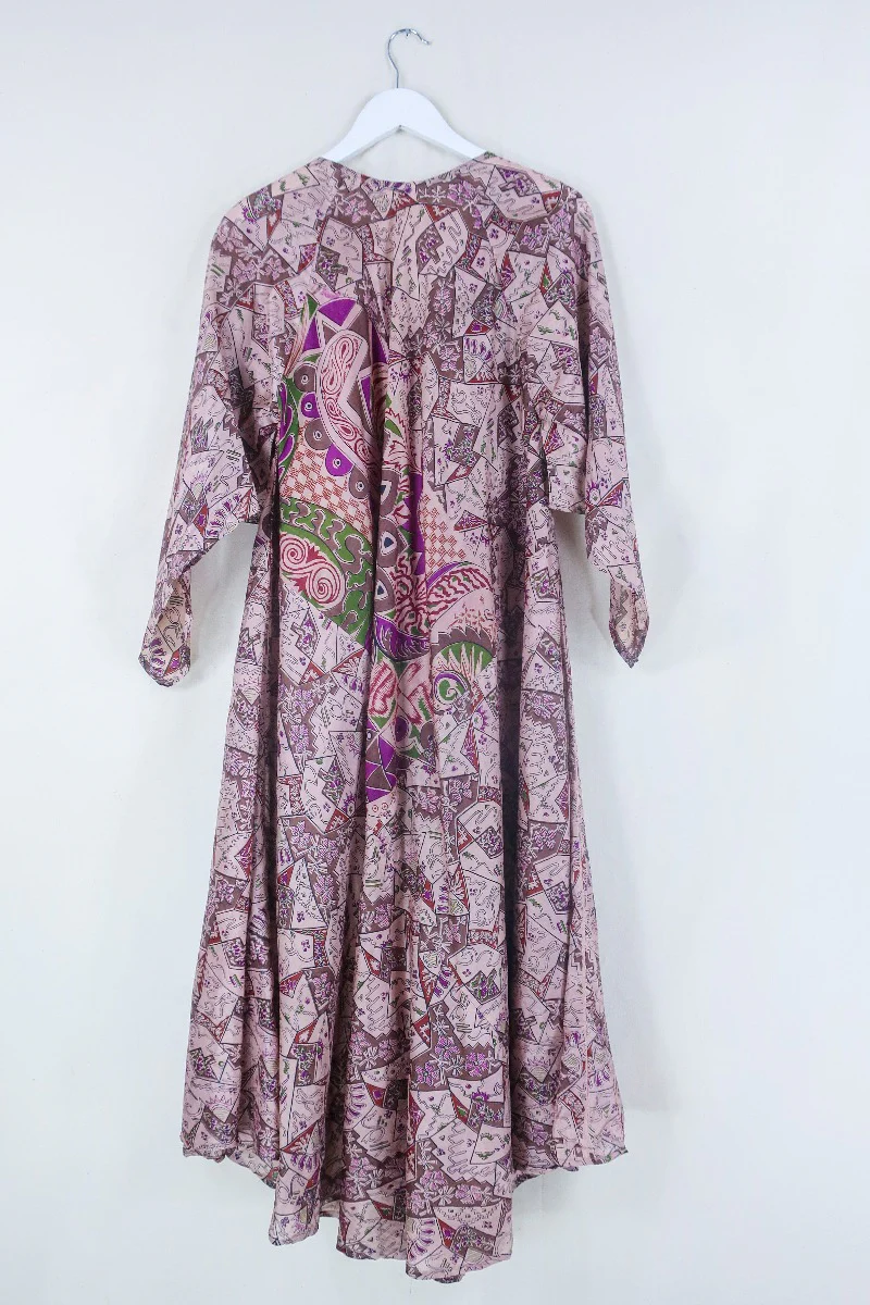 Goddess Dress - Dusky Peach Pink Vibrant Print - Indian Pure Silk Sari - Free Size - Image 3
