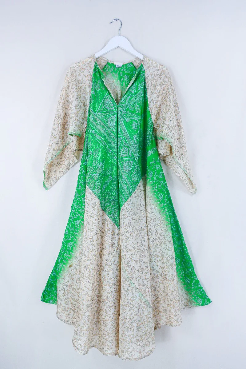 Goddess Dress - Parakeet and Taupe Cornucopia - Indian Pure Silk Sari - Free Size