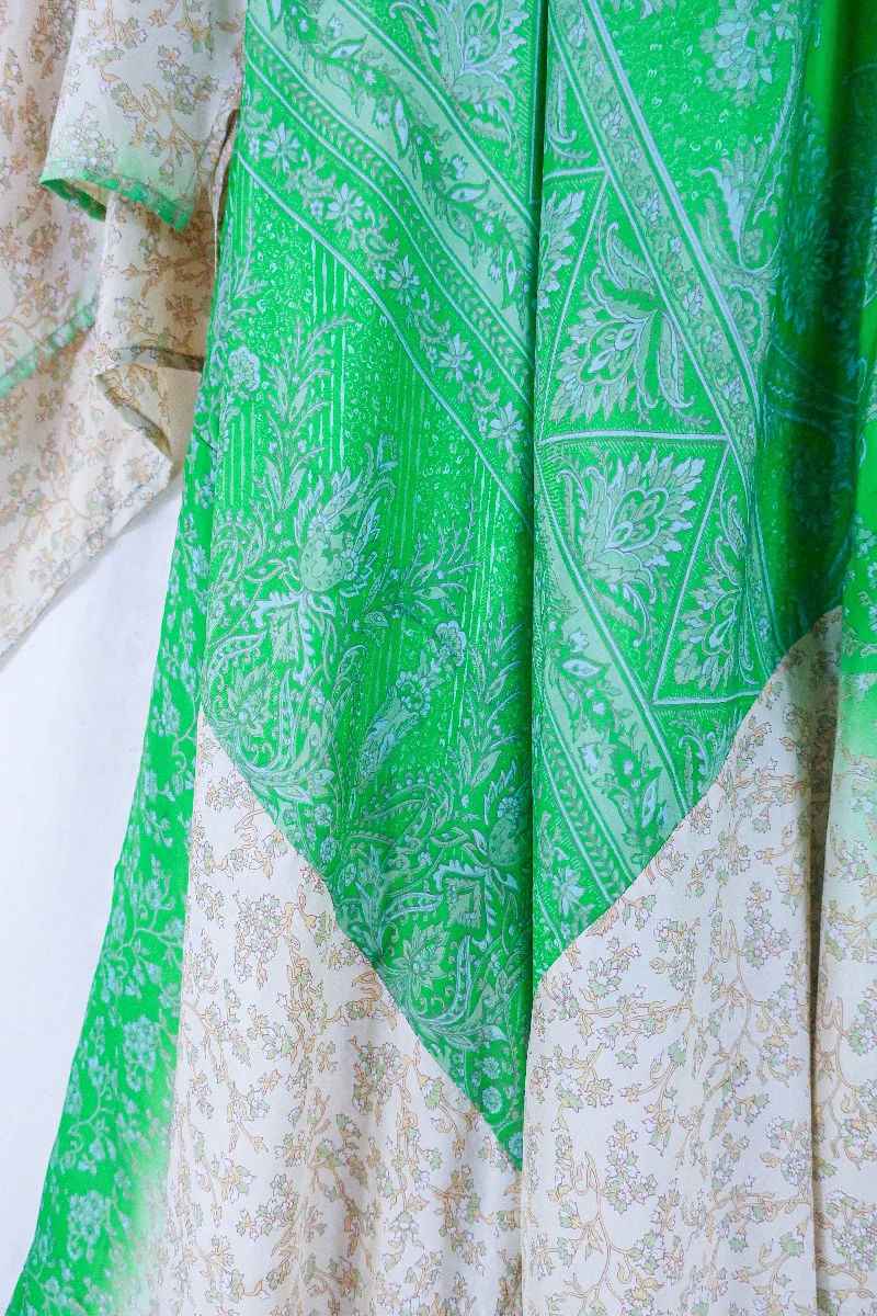 Goddess Dress - Parakeet and Taupe Cornucopia - Indian Pure Silk Sari - Free Size - Image 2