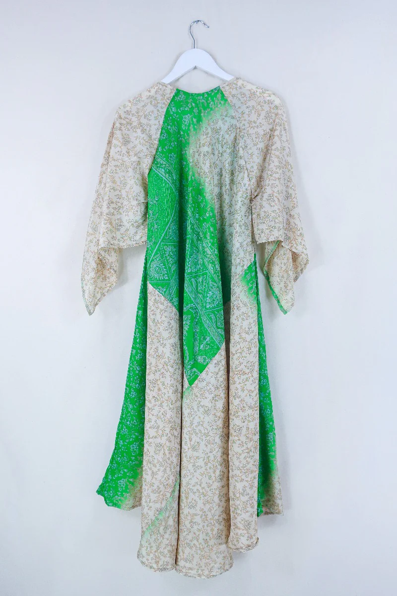 Goddess Dress - Parakeet and Taupe Cornucopia - Indian Pure Silk Sari - Free Size - Image 3