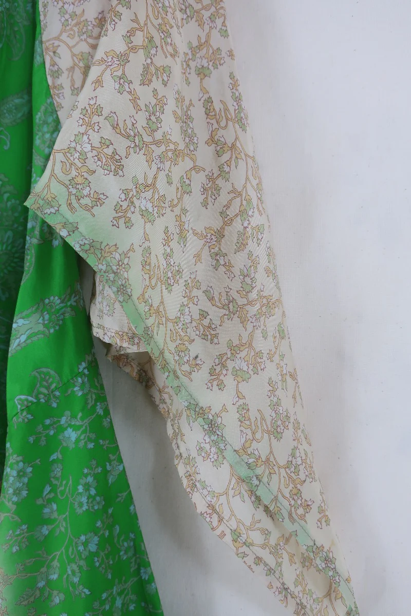 Goddess Dress - Parakeet and Taupe Cornucopia - Indian Pure Silk Sari - Free Size - Image 5