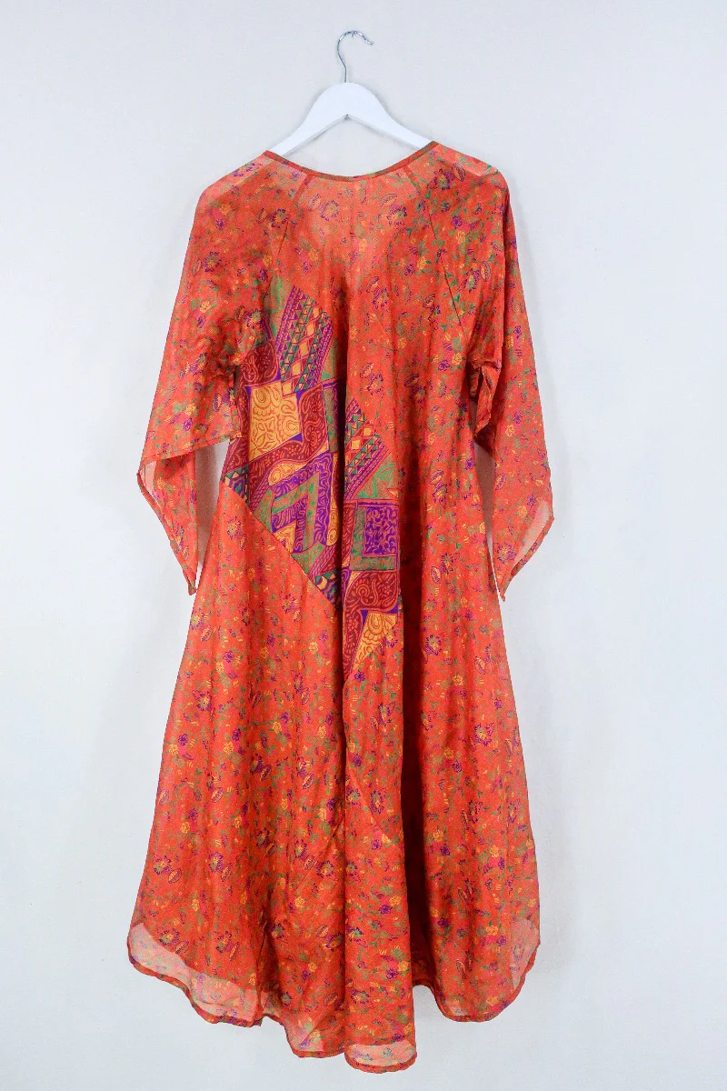 Goddess Dress - Mango and Clementine Parade - Indian Pure Silk Sari - Free Size - Image 3