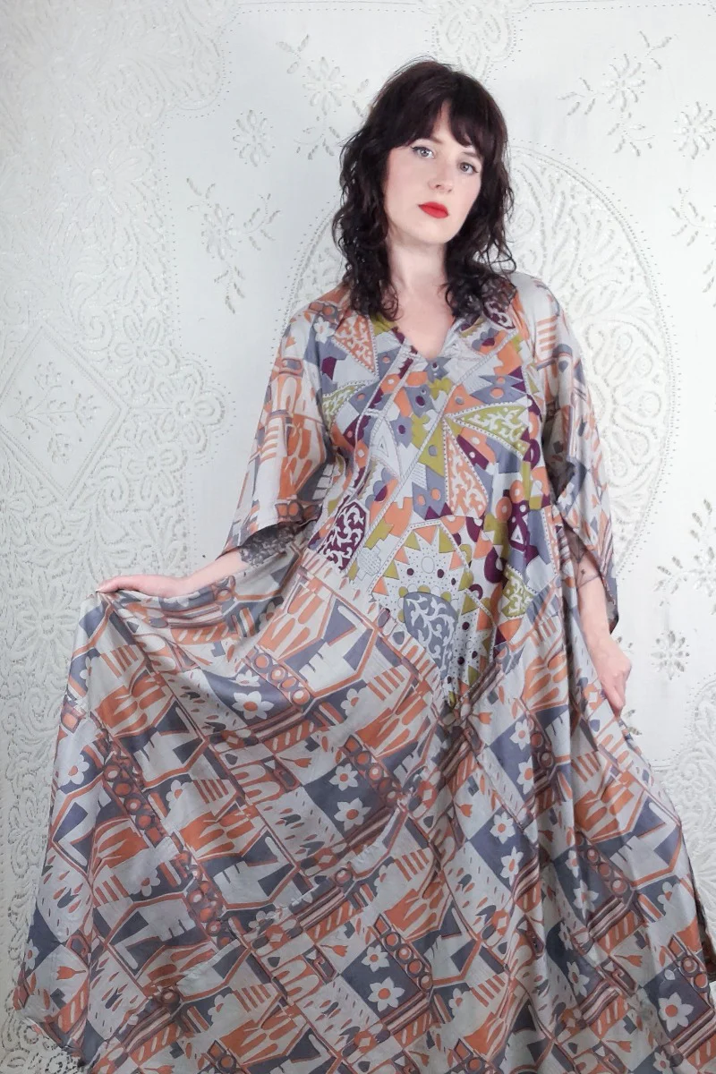 Goddess Dress - Misted Grey & Peach Patchwork - Vintage Pure Silk - XS - M/L - Image 3