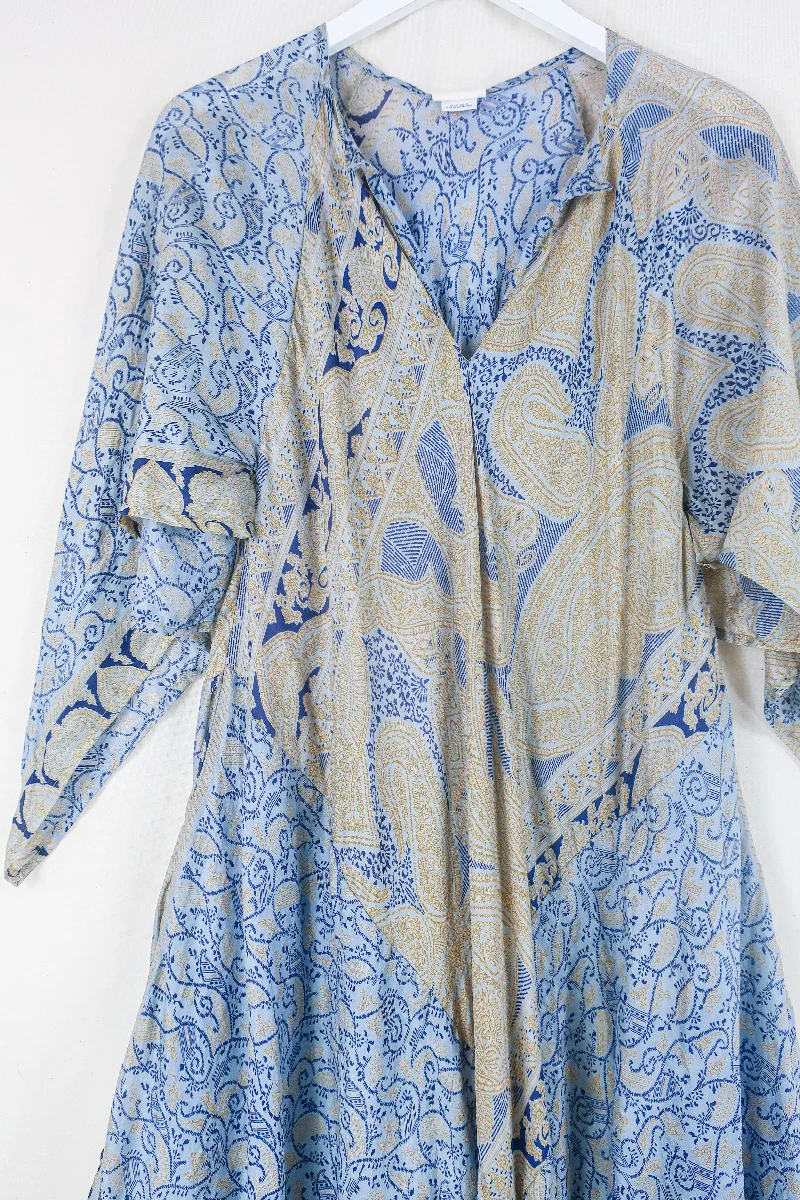 Goddess Dress - Pale Sky Blue & Yellow Paisley - Indian Pure Silk Sari - Free Size - Image 2