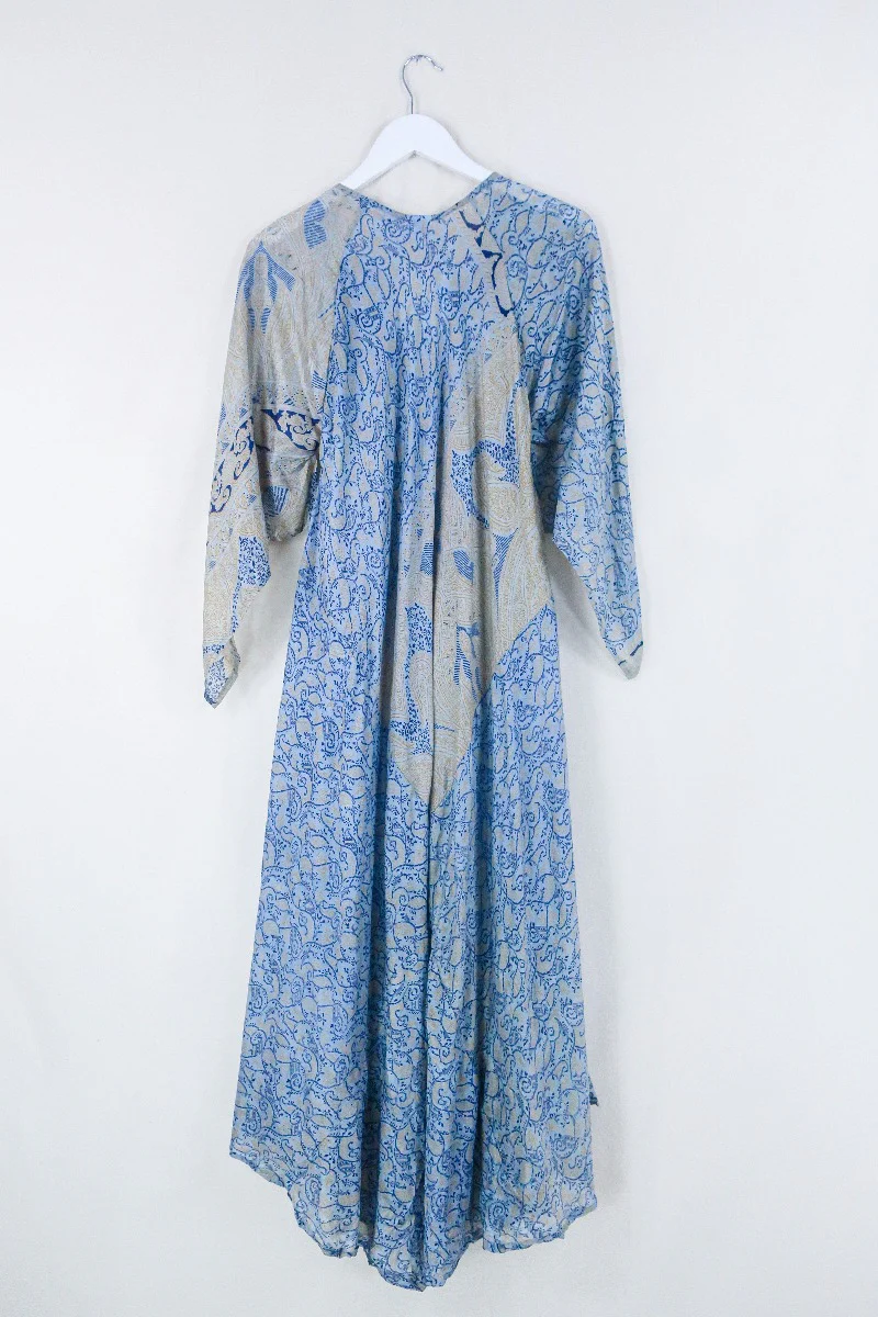 Goddess Dress - Pale Sky Blue & Yellow Paisley - Indian Pure Silk Sari - Free Size - Image 3