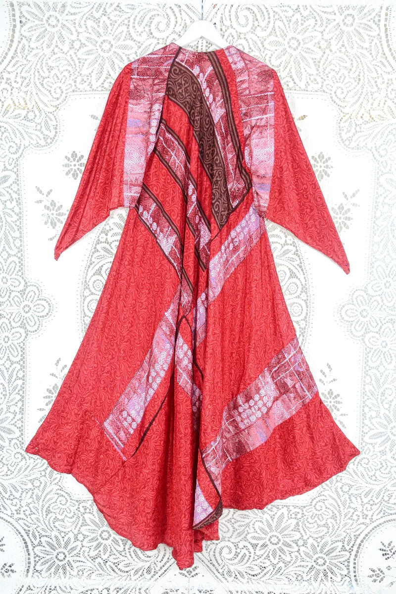 Goddess Dress - Strawberry Red & Clay Motif - Vintage Sari - Size L - Image 3