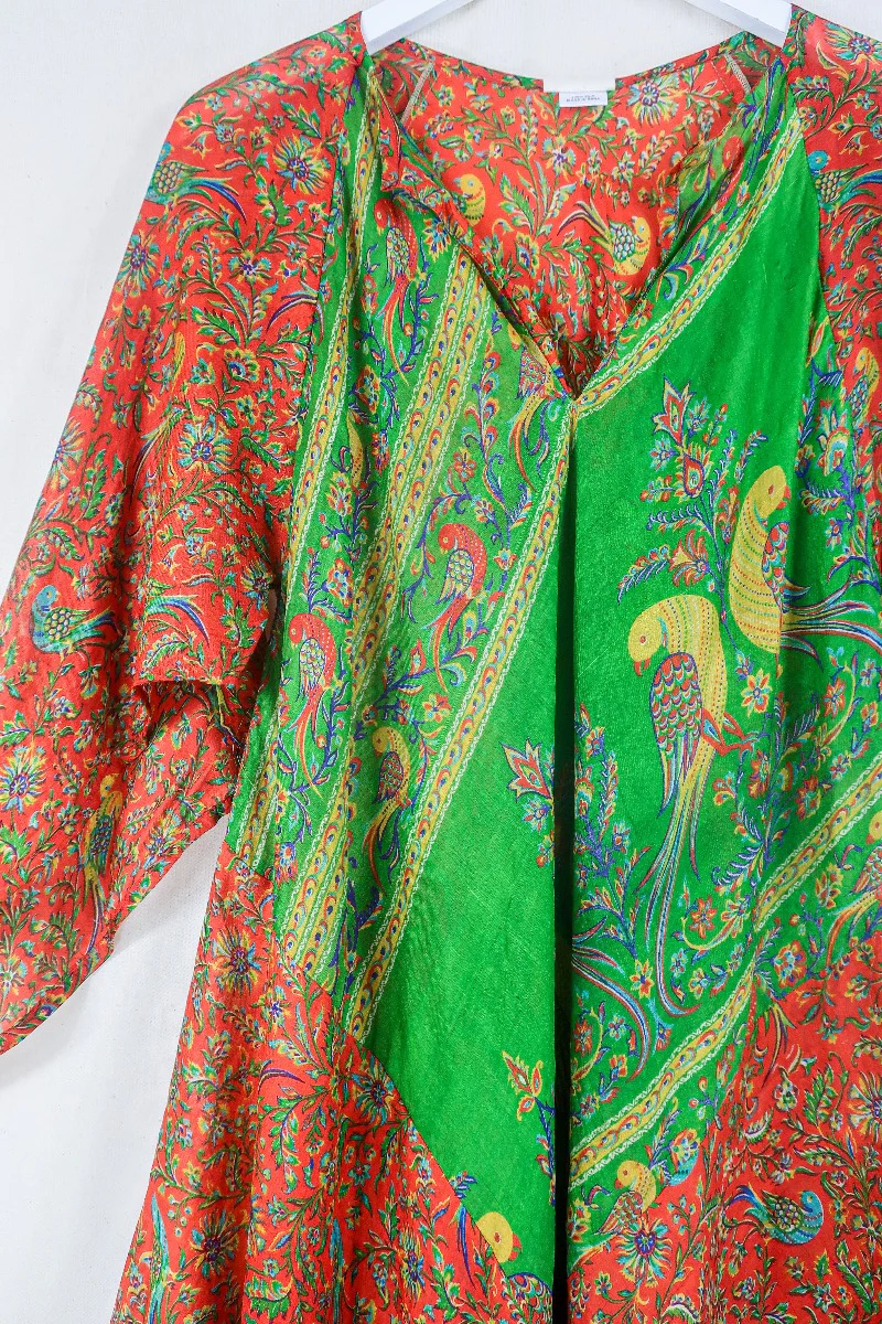 Goddess Dress - Tiger Orange & Green Peacocks - Indian Pure Silk Sari - Free Size - Image 2