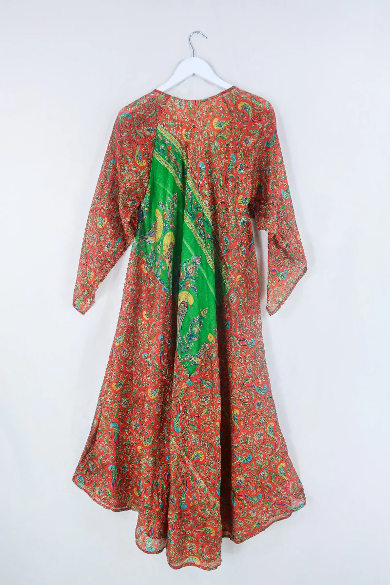Goddess Dress - Tiger Orange & Green Peacocks - Indian Pure Silk Sari - Free Size - Image 3