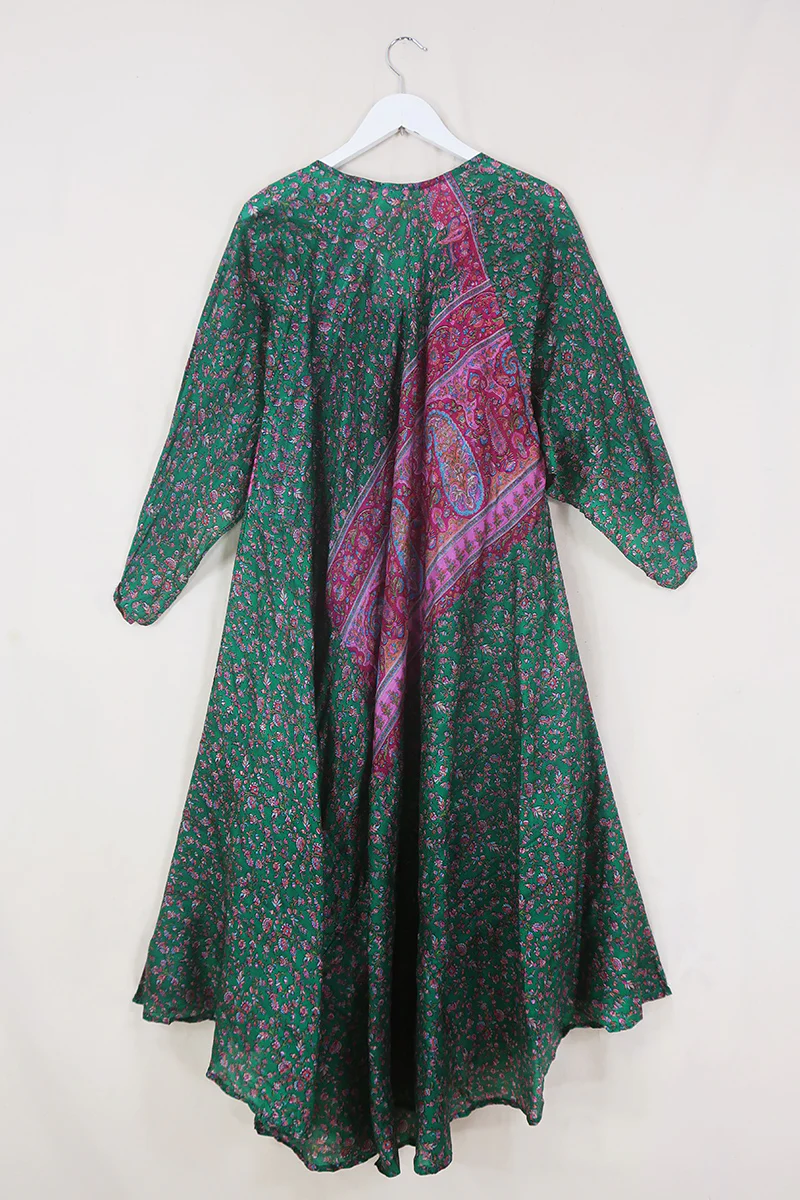 Goddess Dress - Deep Jade & Berry Thistles - Vintage Silk - Free Size - Image 3