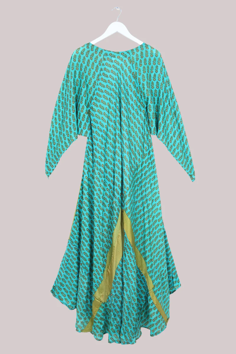 Goddess Pure Silk Dress - Turquoise & Brass Floral - Size L - Image 3