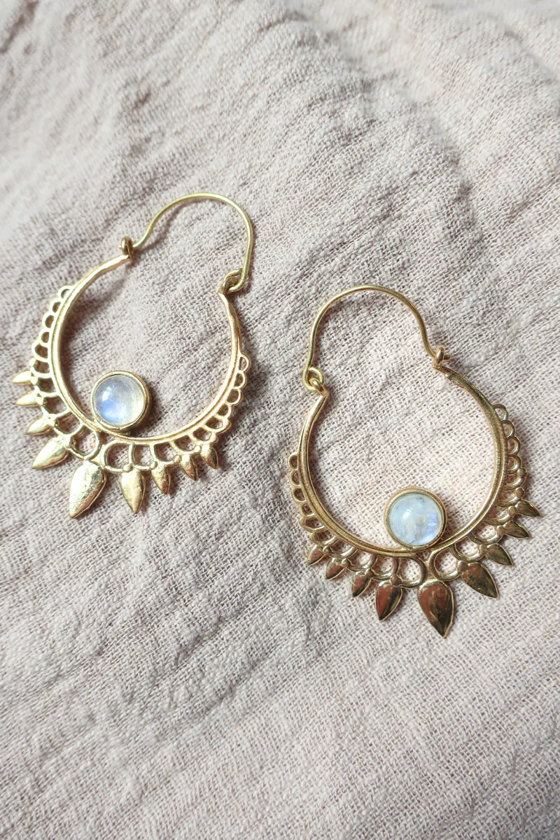 Golden Sundrop Hoop Earrings with White Moonstone - Image 2