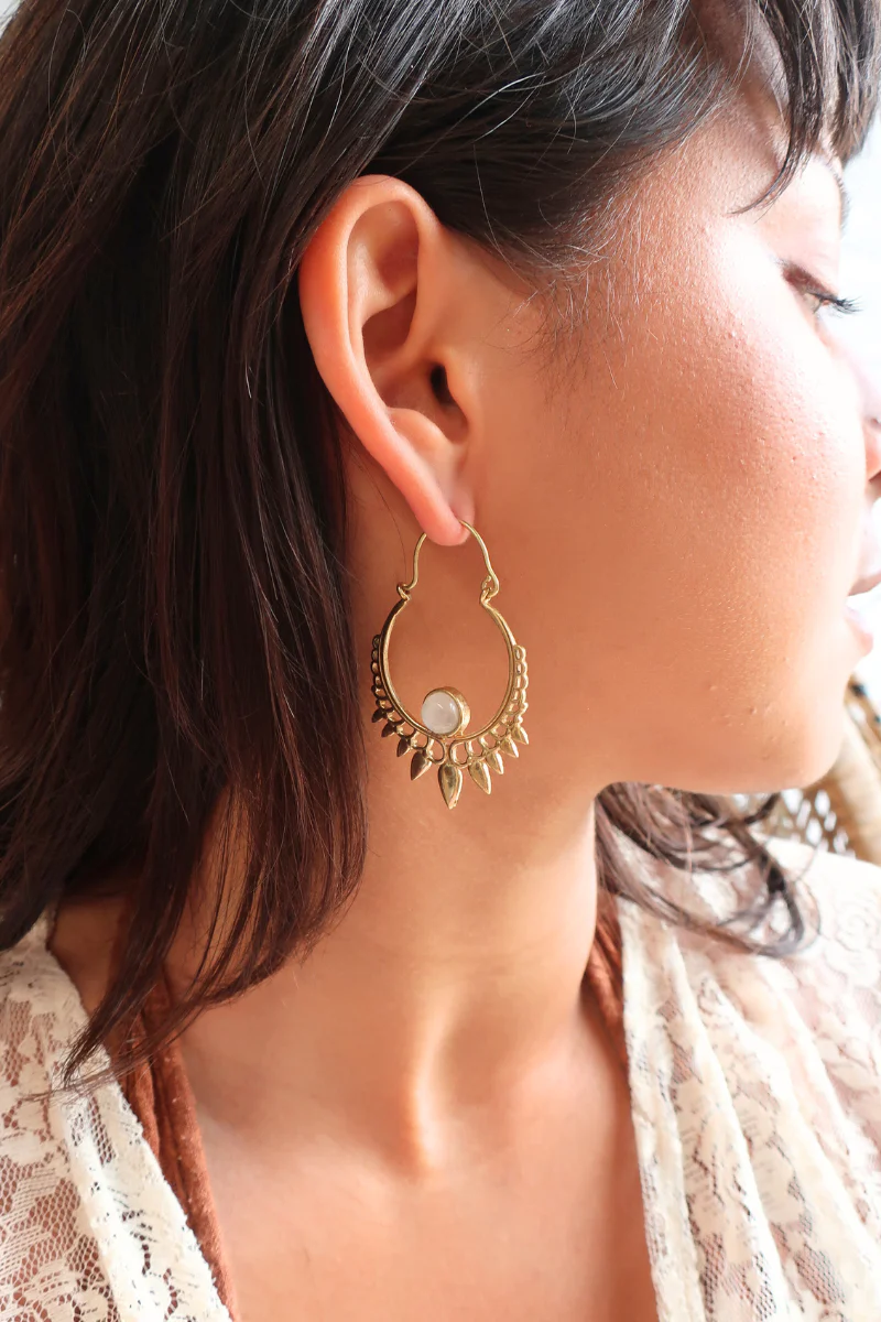 Golden Sundrop Hoop Earrings with White Moonstone - Image 3