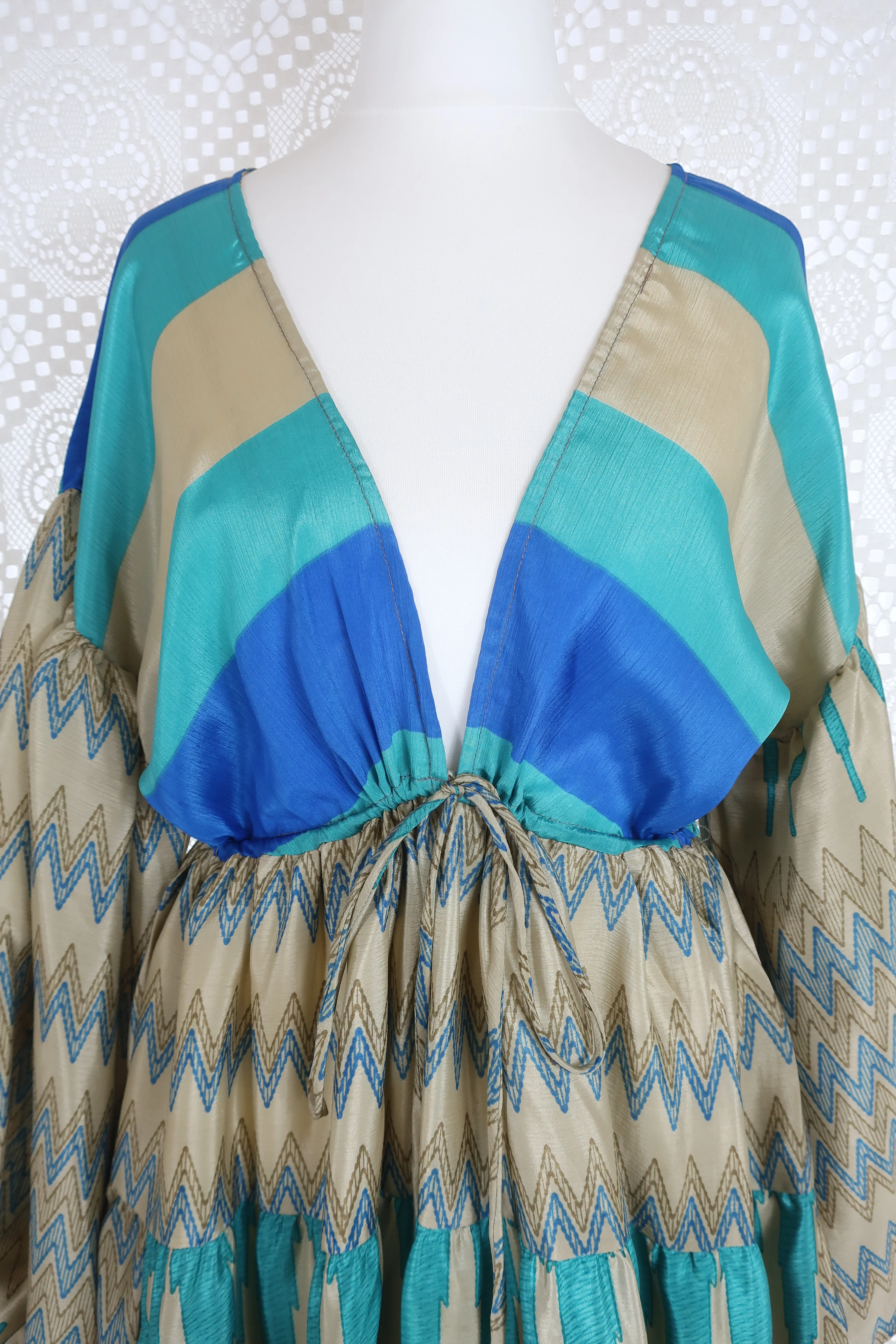 Gypsophila Mini Dress - Vintage Indian Sari - Gold & Sea Blue Graphic - S/M - Image 2