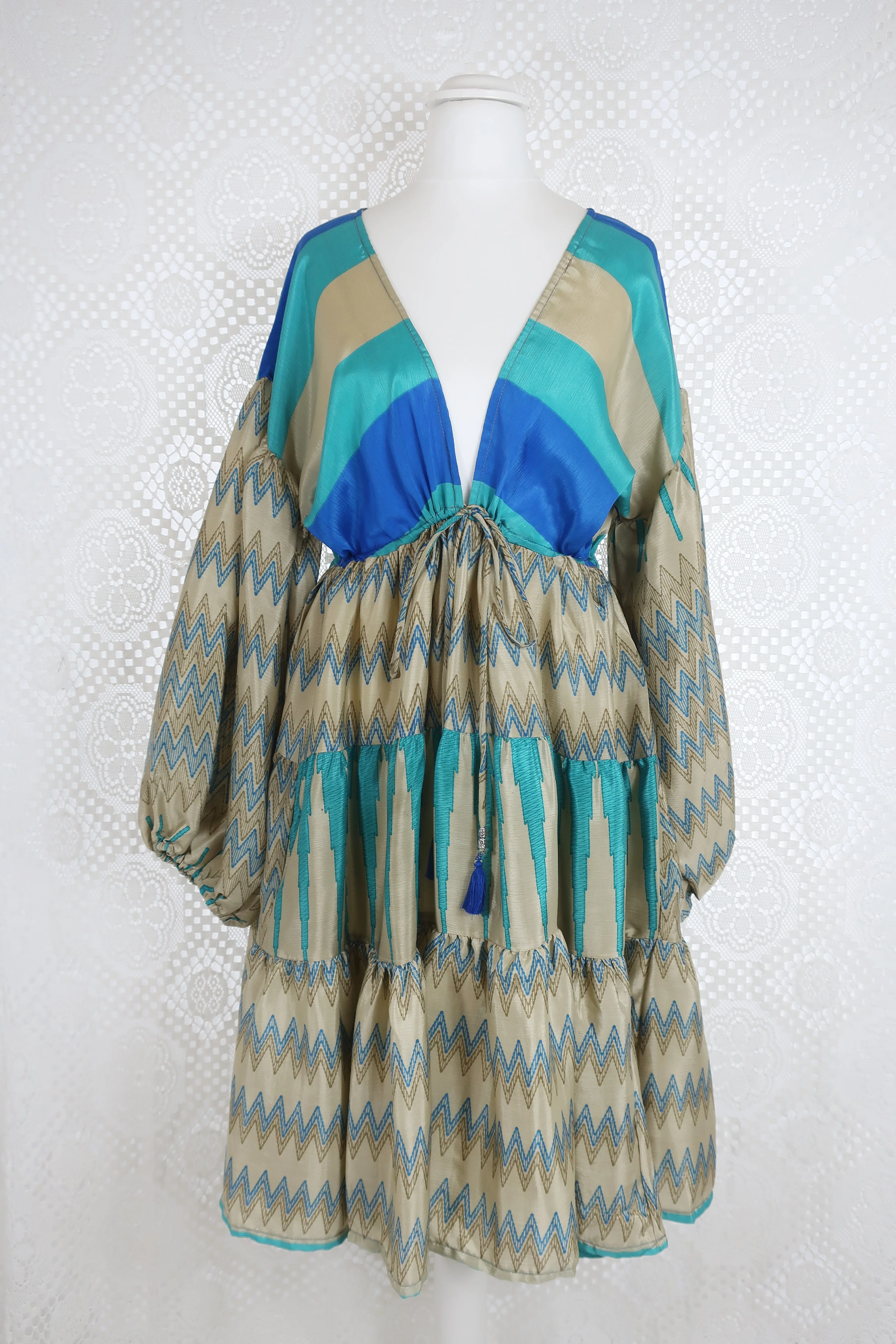 Gypsophila Mini Dress - Vintage Indian Sari - Gold & Sea Blue Graphic - S/M - Image 3