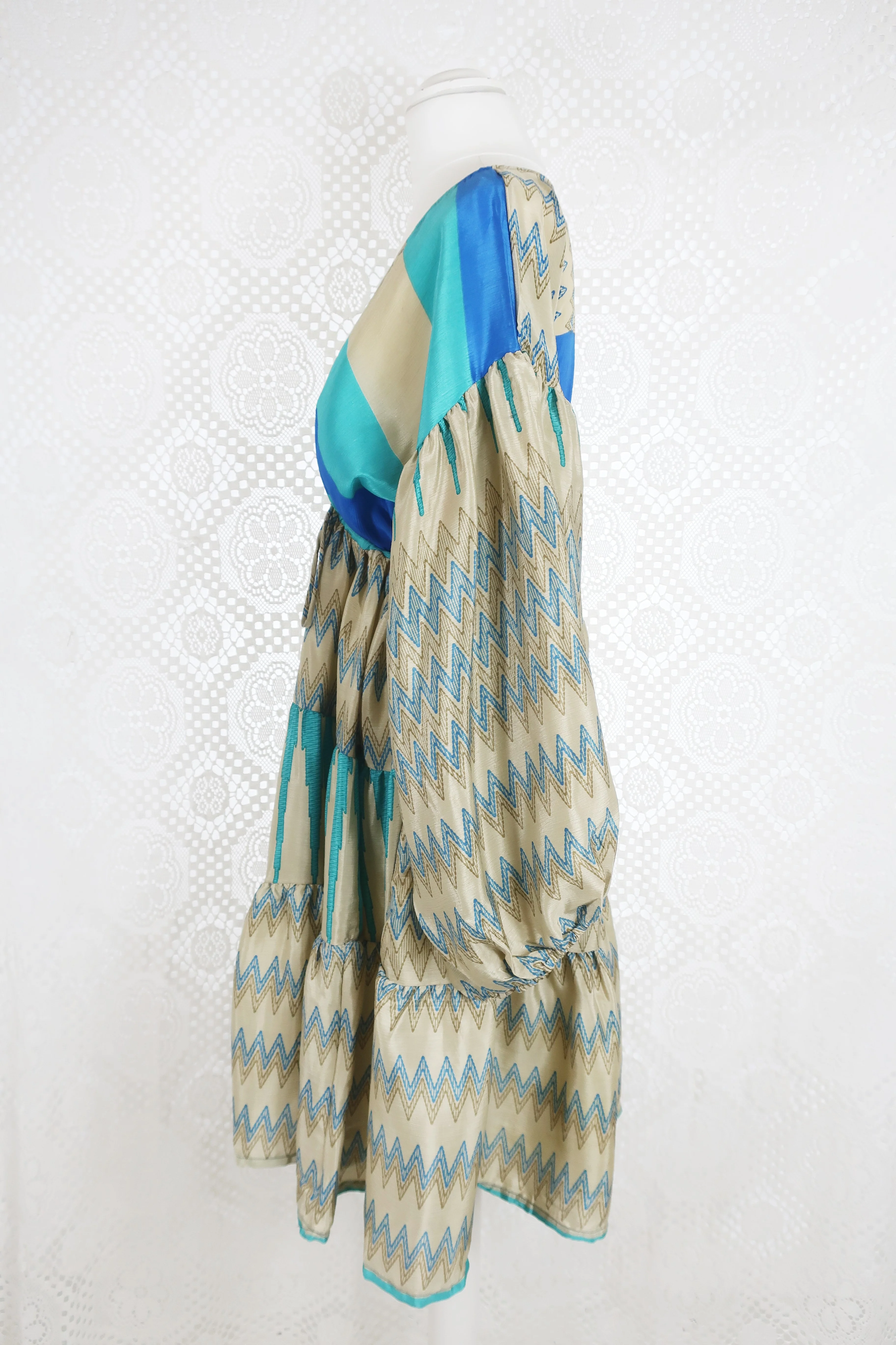 Gypsophila Mini Dress - Vintage Indian Sari - Gold & Sea Blue Graphic - S/M - Image 4
