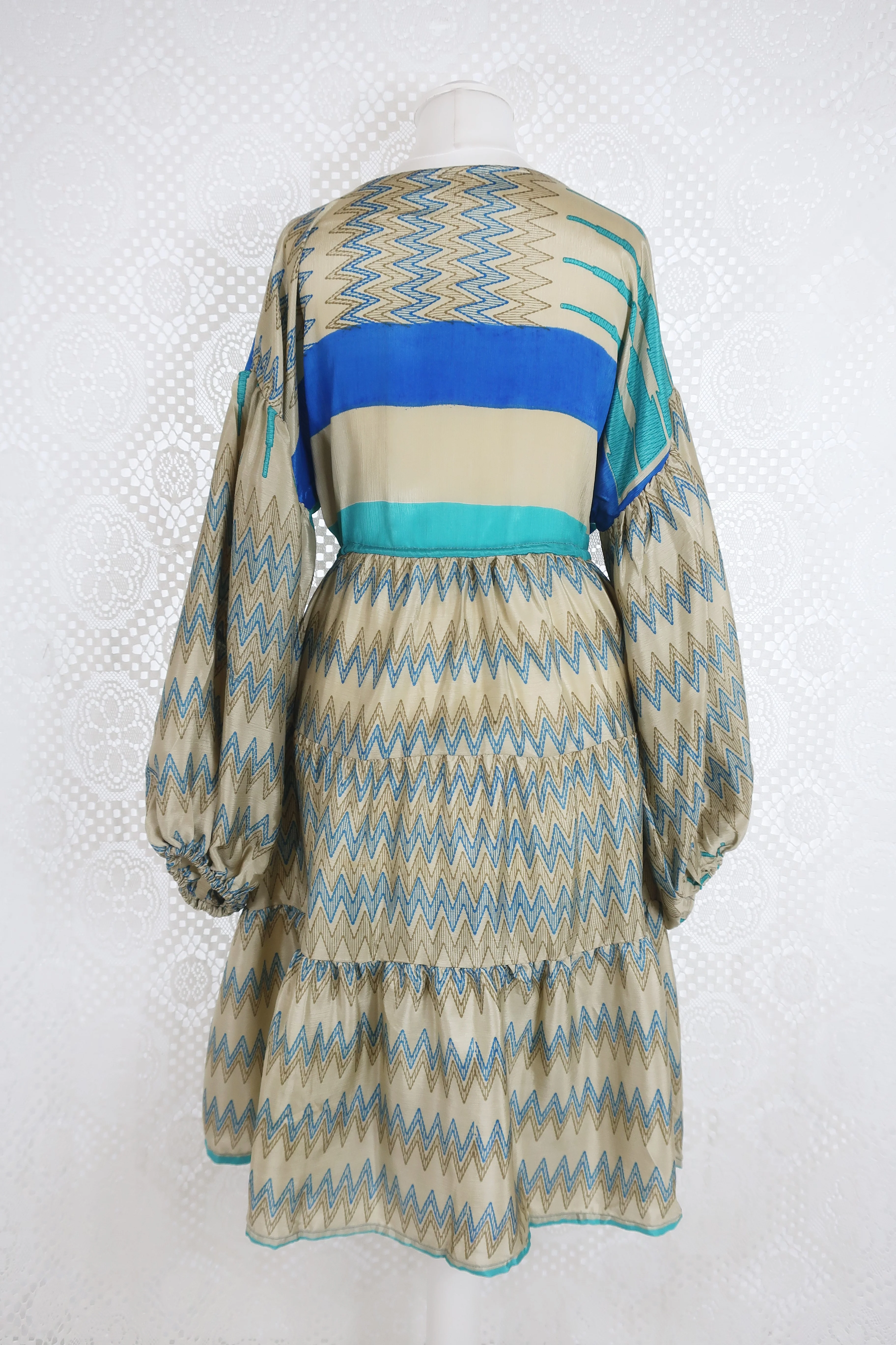 Gypsophila Mini Dress - Vintage Indian Sari - Gold & Sea Blue Graphic - S/M - Image 5