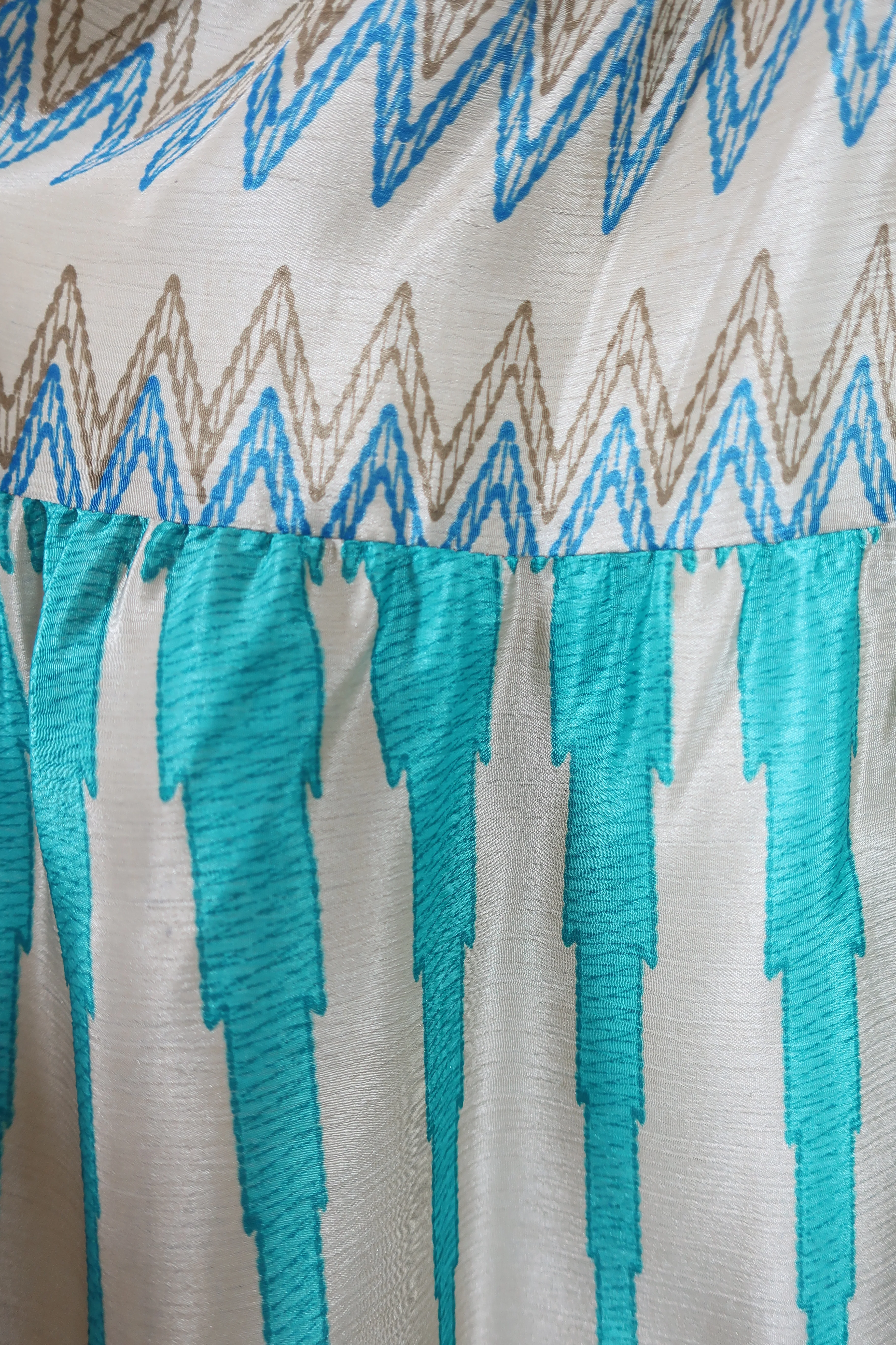 Gypsophila Mini Dress - Vintage Indian Sari - Gold & Sea Blue Graphic - S/M - Image 6